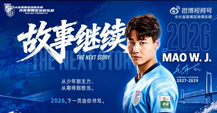 21歲國腳毛偉杰續約大連英博至2029年，中冠到國足五年三級跳